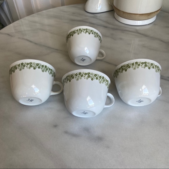 VINTAGE • 70s Avocado Green Tea Cups Mugs Corelle CorningWare Made USA Set of 4 - Picture 10 of 11